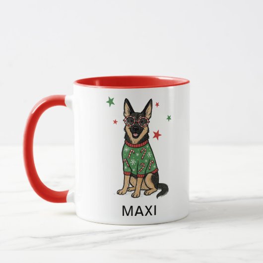 German Shepherd Ugly Christmas Sweater Dog マグカップ (左)