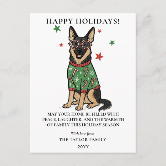 German Shepherd Ugly Sweater Candy Cane Glasses シーズンポストカード (正面)