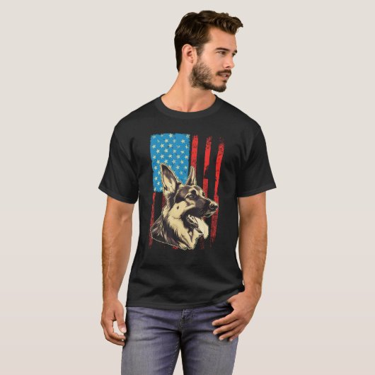 German Shepherd USA American Flag 4th of July Grun Tシャツ (正面フル)