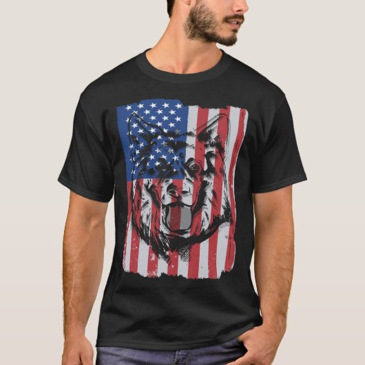 German Shepherd USA Merica Flag Retro Tシャツ (正面)