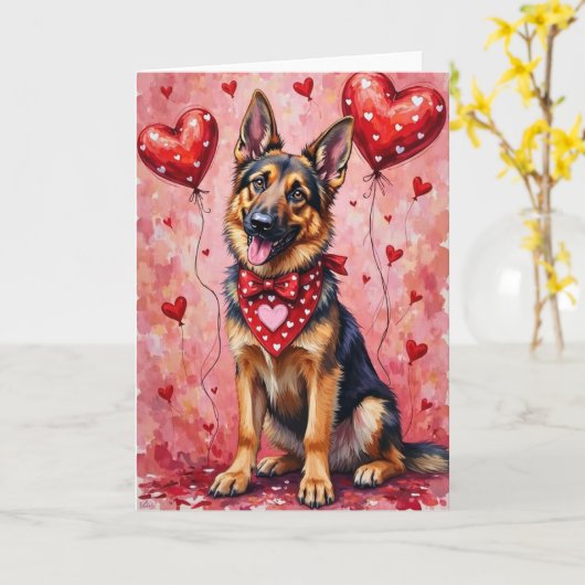 German Shepherd Valentine’s Day Dog with Hearts カード (黄色い花)