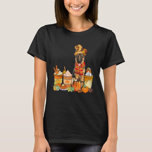 German Shepherd Wearing Hat With Coffee Cups Fall Tシャツ (正面)