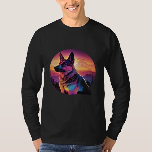 German Shepherd with a Nostalgic 80s Retrowave Aes Tシャツ (正面)