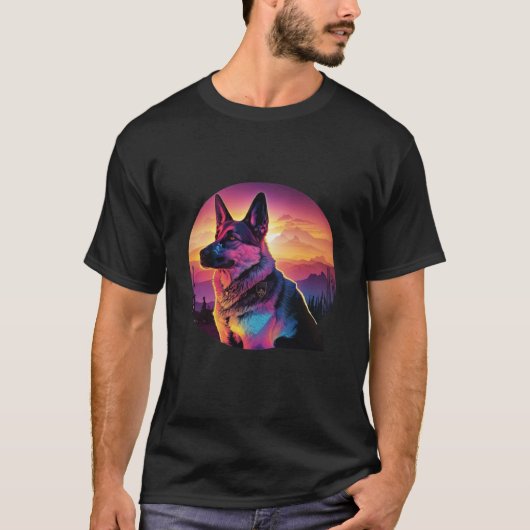 German Shepherd with a Nostalgic 80s Retrowave Aes Tシャツ (正面)