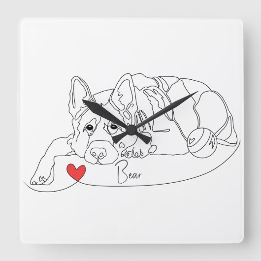 German Shepherd with Ball Line Art with Name スクエア壁時計 (正面)