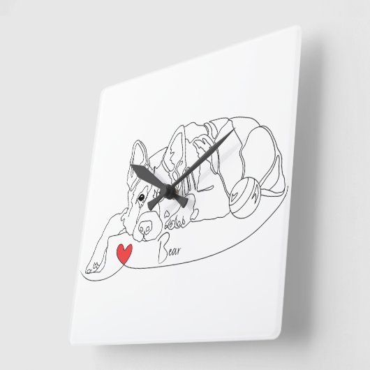 German Shepherd with Ball Line Art with Name スクエア壁時計 (傾斜)