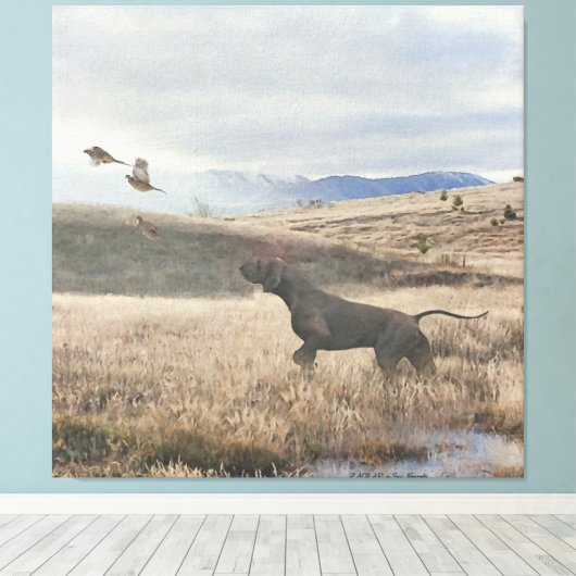 German Shorthaired Pointer狩りquail, Art キャンバスプリント (インサイチュ (ウッドフロア))