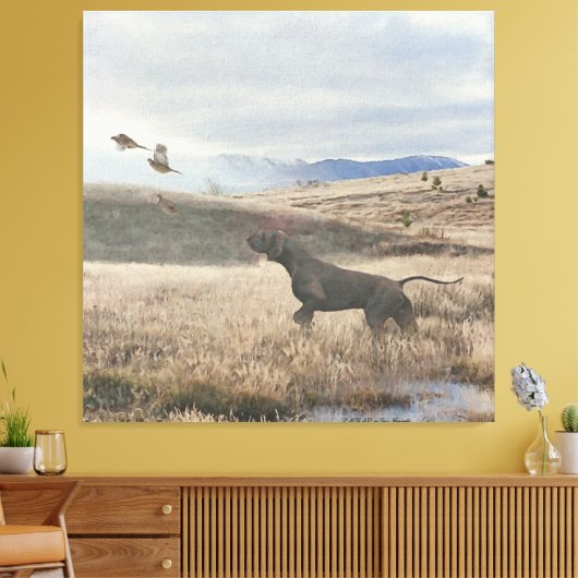 German Shorthaired Pointer狩りquail, Art キャンバスプリント (インサイチュ (リビング))