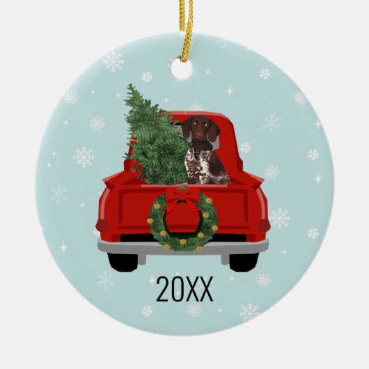 German Shorthaired Pointer Christmas Red Truck セラミックオーナメント (正面)