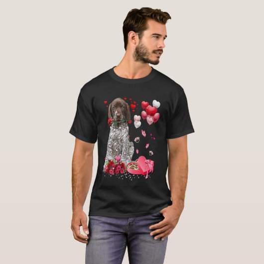 German Shorthaired Pointer Rose Heart Happy Valent Tシャツ (正面フル)