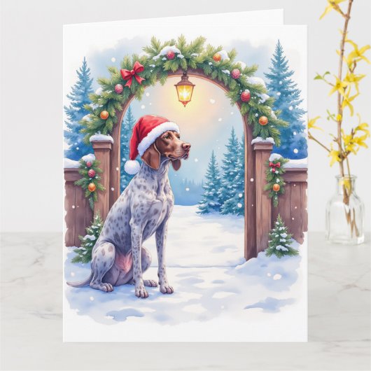 German Shorthaired Pointer Snowy Gate Santa Hat カード (黄色い花)