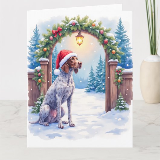 German Shorthaired Pointer Snowy Gate Santa Hat カード (正面)
