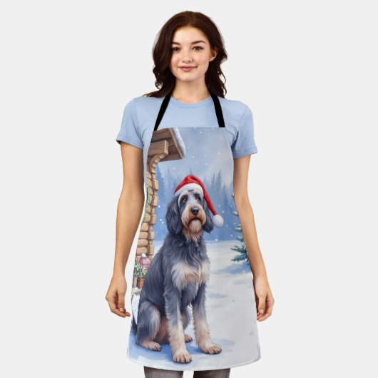 German Wirehaired Pointer Snowy Lodge Santa Hat エプロン (着用した状態)