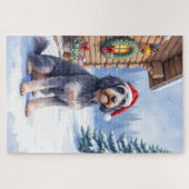 German Wirehaired Pointer Snowy Lodge Santa Hat ジグソーパズル (横)