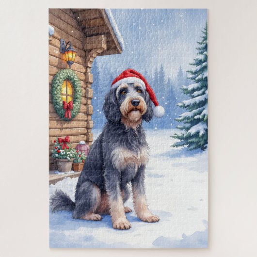 German Wirehaired Pointer Snowy Lodge Santa Hat ジグソーパズル (縦)