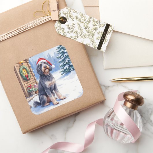 German Wirehaired Pointer Snowy Lodge Santa Hat スクエアシール (ギフト)