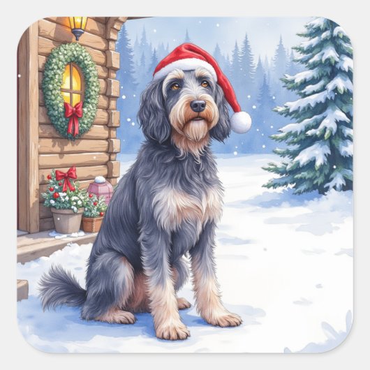 German Wirehaired Pointer Snowy Lodge Santa Hat スクエアシール (正面)