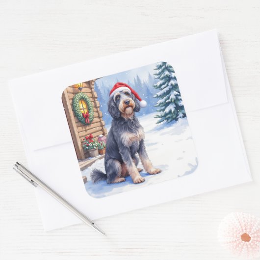 German Wirehaired Pointer Snowy Lodge Santa Hat スクエアシール (封筒)