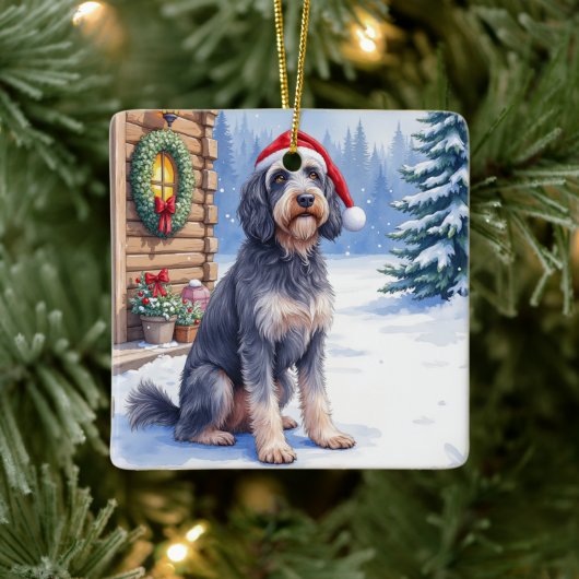 German Wirehaired Pointer Snowy Lodge Santa Hat セラミックオーナメント (ツリー)
