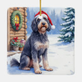 German Wirehaired Pointer Snowy Lodge Santa Hat セラミックオーナメント (裏面)