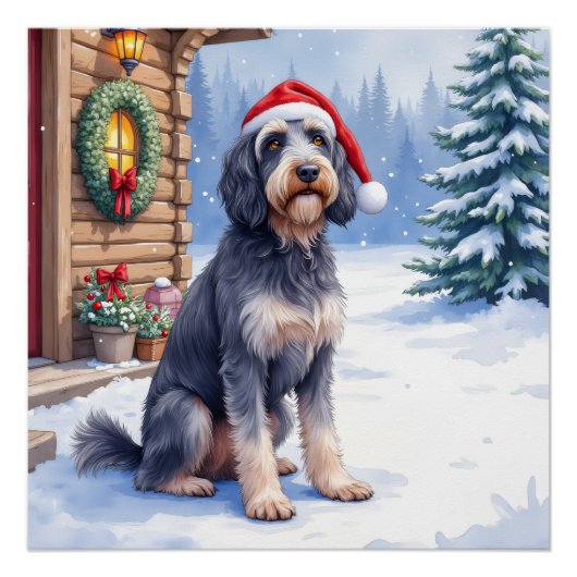 German Wirehaired Pointer Snowy Lodge Santa Hat ポスター (正面)