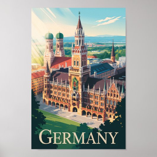 Germany Munich Illustration Travel Art Vintage ポスター (正面)