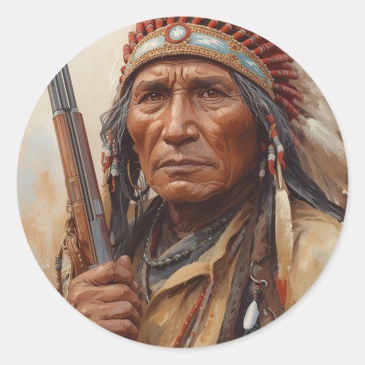 Geronimo Indian Chief Warrior Portrait ラウンドシール (正面)