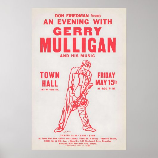 Gerry Mulligan jazz poster - Town Hall - 1959 (red ポスター (正面)