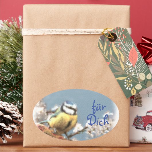 Geschenkaufkleber -  Blaumeise - Aquarell 楕円形シール (クリスマス)