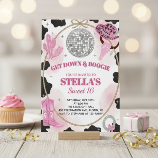 Get Down & Boogie Disco Cowgirl Sweet 16 Birthday 招待状