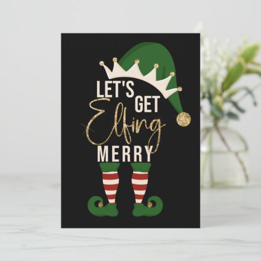 Get Elfing小妖精や小人金ゴールドメリーグリッタークリスマス シーズンカード (スタンド正面)