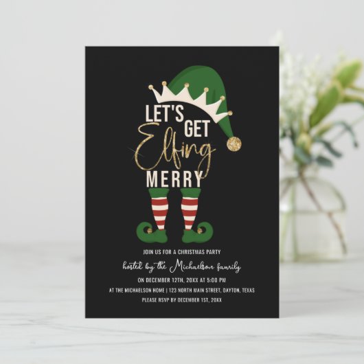 Get Elfing小妖精や小人金ゴールドメリーグリッタークリスマス 招待状 (スタンド正面)