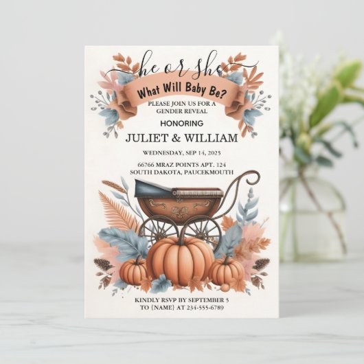 Get Farm Pink Blue秋ガールパンプキンジェンダーの表示 招待状 (スタンド正面)