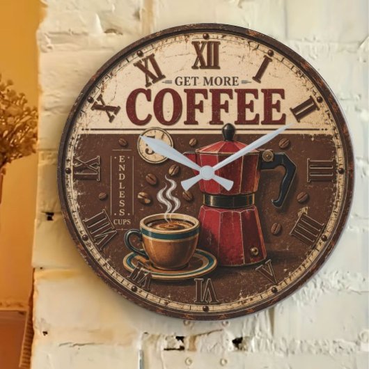 Get More Coffee Rustic Farmhouse Bar Decor ラージ壁時計