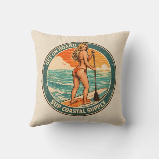 Get On Board SUP Pinup Paddleboard Retro Surf Shop クッション (裏面)
