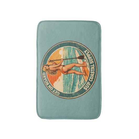 Get On Board SUP Pinup Paddleboard Retro Surf Shop バスマット (正面縦)