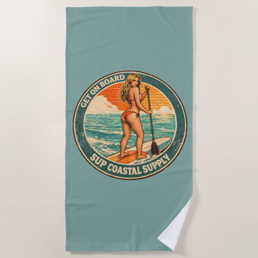 Get On Board SUP Pinup Paddleboard Retro Surf Shop ビーチタオル (正面)