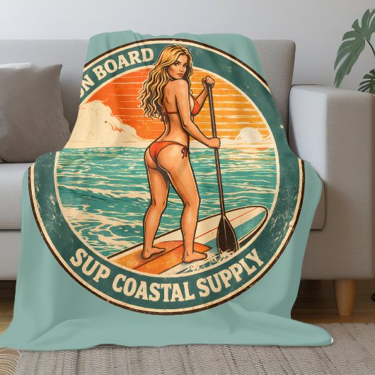 Get On Board SUP Pinup Paddleboard Retro Surf Shop フリースブランケット