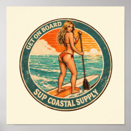 Get On Board SUP Pinup Paddleboard Retro Surf Shop ポスター