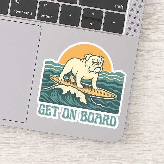 Get On Board Surfer Dog Retro Art -Bulldog Surfing シール (詳細)