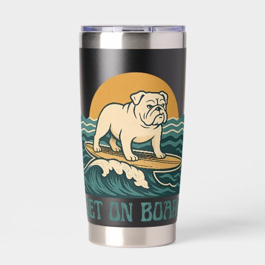 Get On Board Surfer Dog Retro Art -Bulldog Surfing 保温保冷タンブラー (正面)