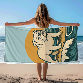 Get On Board Surfer Dog Retro Bulldog Surf Graphic ビーチタオル