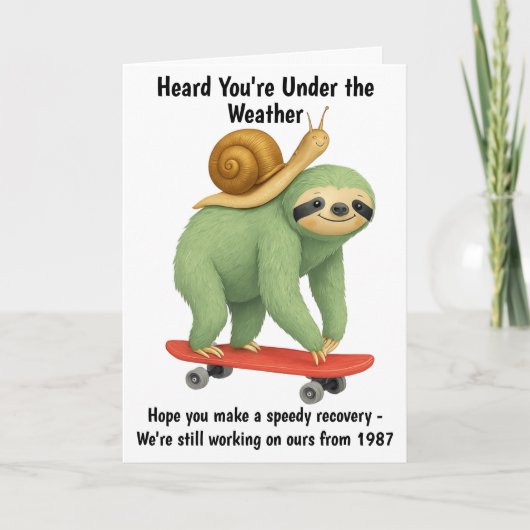 Get Well おもしろい Card Sloth Snail Skateboard Art サンキューカード (正面)