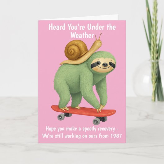 Get Well おもしろい Card Sloth Snail Skateboard Art サンキューカード (正面)