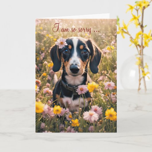 Get Well Feel Better Cute Dachshund Puppy カード (黄色い花)