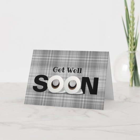 Get Well Soonトイレ紙転がグレイ格子板 カード (正面)