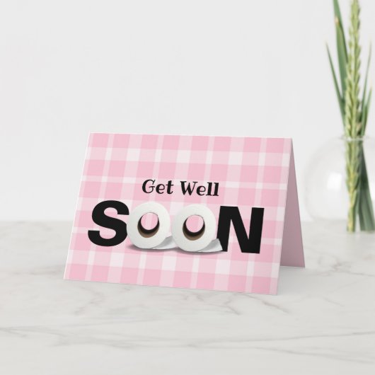 Get Well Soonトイレ紙転がピンクプレイド カード (正面)
