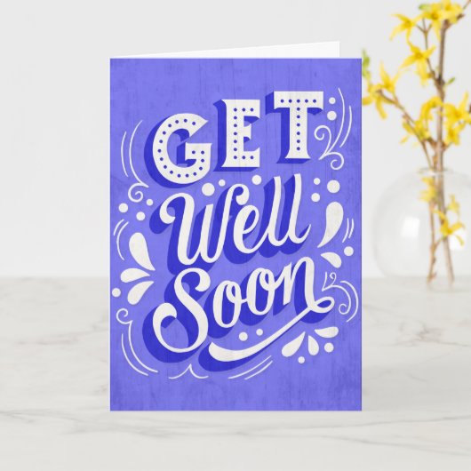 Get Well Soonパープルヴィンテージスタイルタイポグラフィ カード (黄色い花)