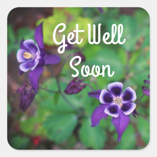 Get Well Soon紫色のオダマキ（植物）花シール スクエアシール (正面)