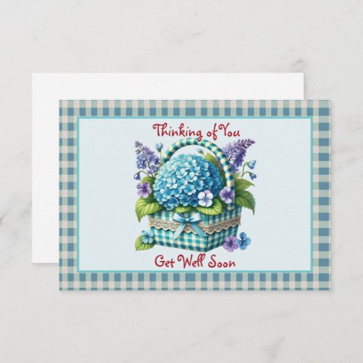 Get Well Soon花籠ターコイズギンガム ノートカード (正面/裏面)